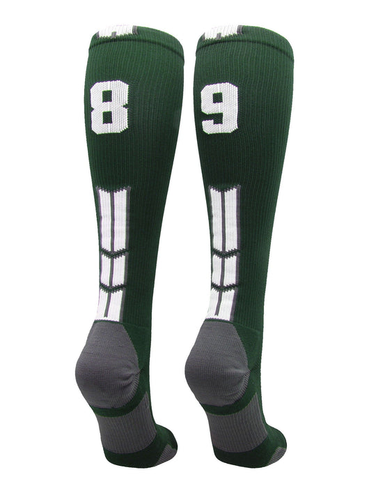 MadSportsStuff socks #89 / Large Player Id Jersey Number Socks Over the Calf Length Dark Green White