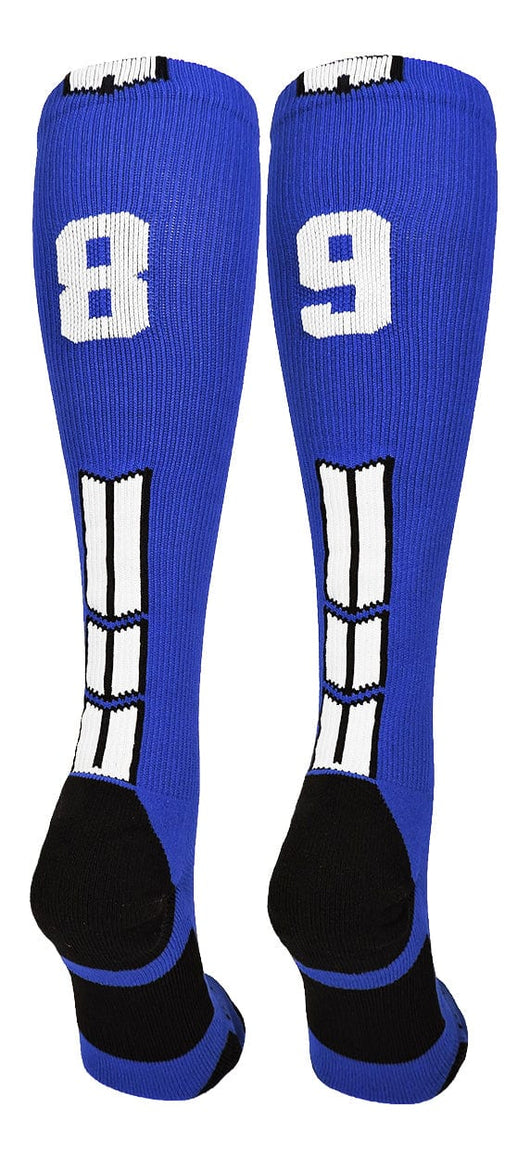 MadSportsStuff socks #89 / Large Player Id Jersey Number Socks Over the Calf Length Royal White