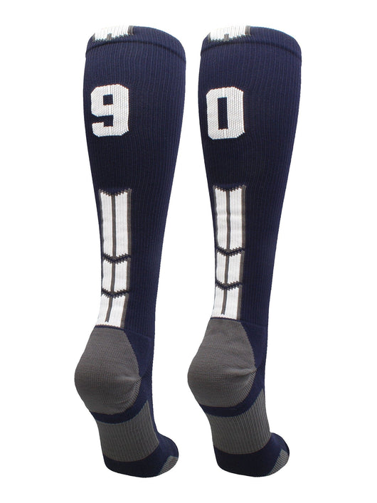 MadSportsStuff socks #90 / Large Player Id Jersey Number Socks Over the Calf Length Navy White