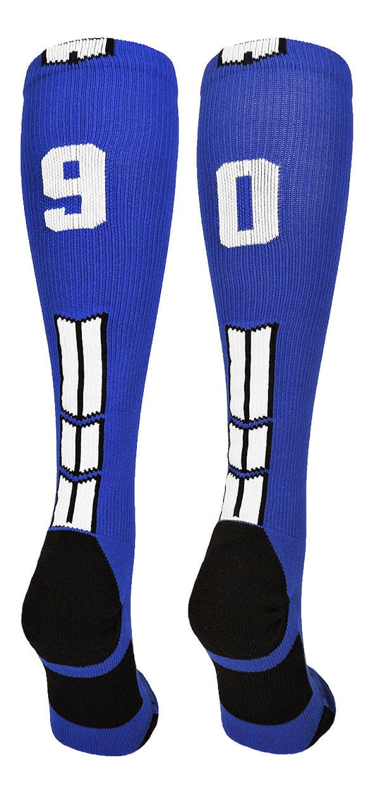 MadSportsStuff socks #90 / Small Player Id Jersey Number Socks Over the Calf Length Royal White