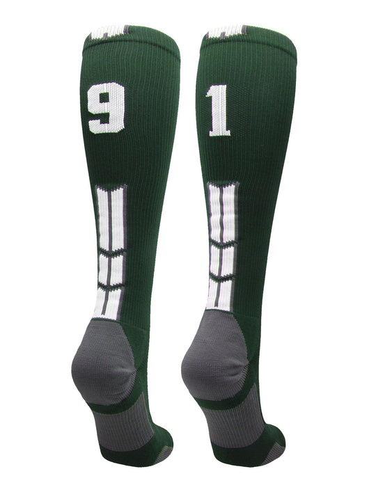 MadSportsStuff socks #91 / Large Player Id Jersey Number Socks Over the Calf Length Dark Green White