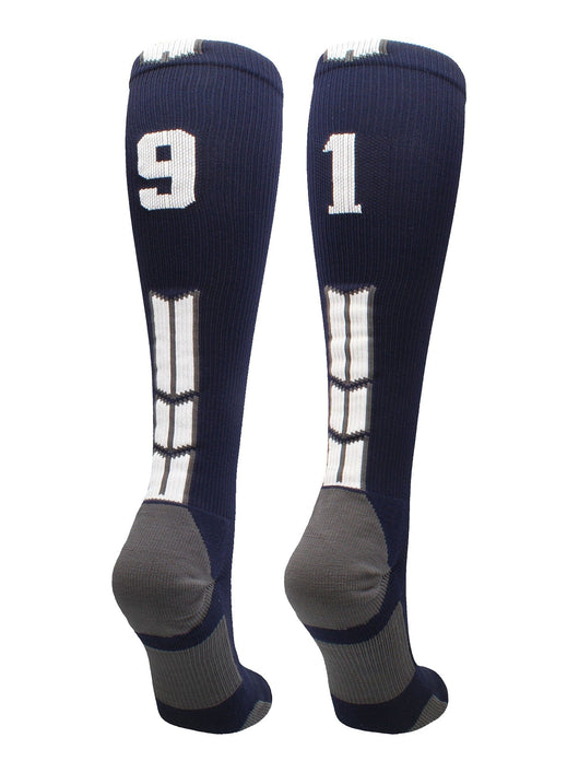 MadSportsStuff socks #91 / Large Player Id Jersey Number Socks Over the Calf Length Navy White