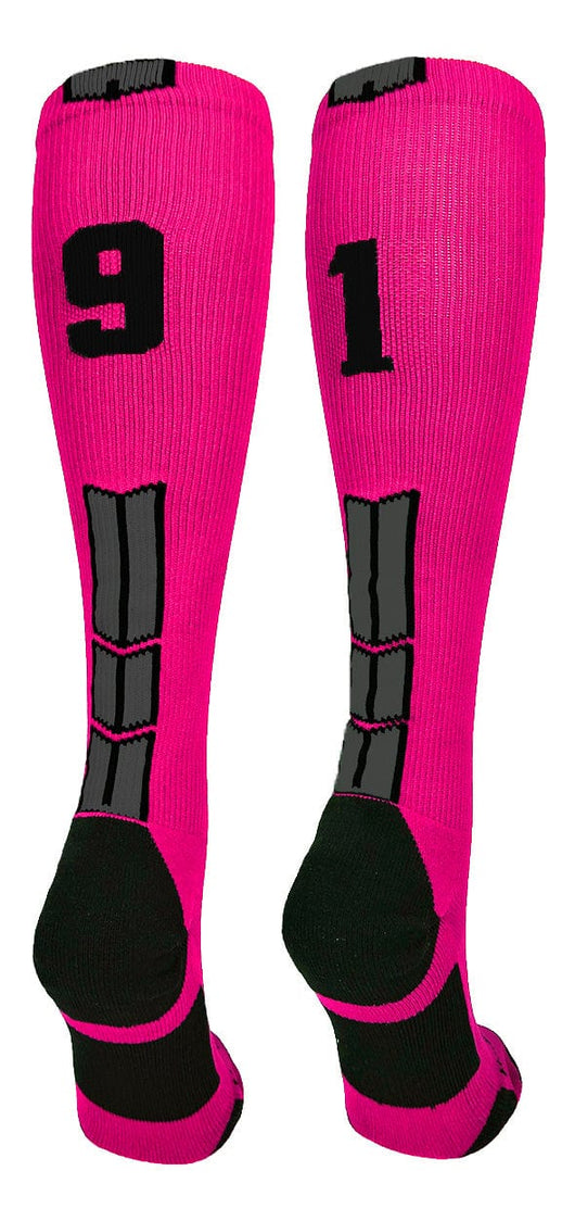 MadSportsStuff socks #91 / Large Player Id Jersey Number Socks Over the Calf Length Neon Pink Black