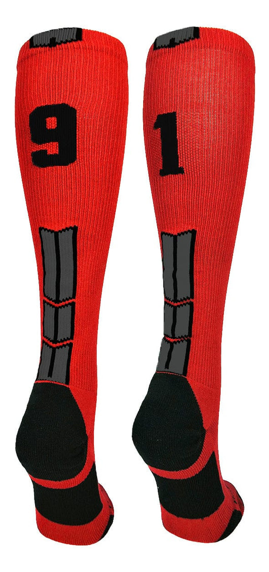 MadSportsStuff socks #91 / Large Player Id Jersey Number Socks Over the Calf Length Red Black