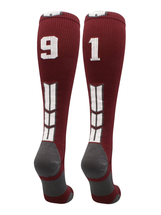 MadSportsStuff socks #91 / Medium Player Id Jersey Number Socks Over the Calf Length Maroon White