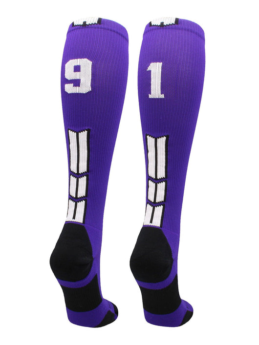 MadSportsStuff socks #91 / Medium Player Id Jersey Number Socks Over the Calf Length Purple White