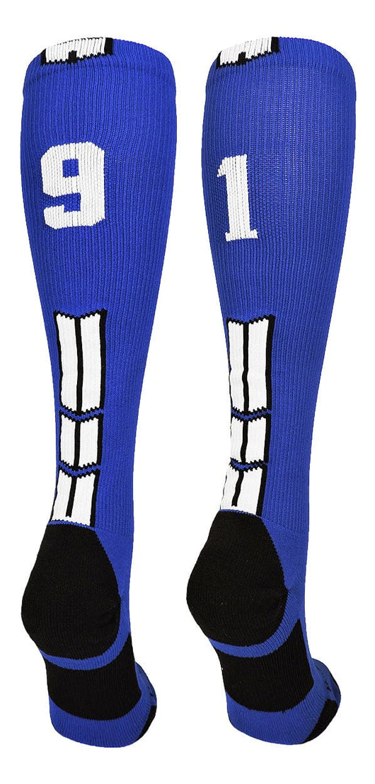 MadSportsStuff socks #91 / Small Player Id Jersey Number Socks Over the Calf Length Royal White