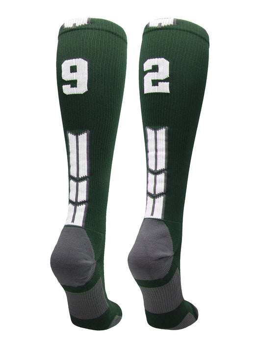 MadSportsStuff socks #92 / Large Player Id Jersey Number Socks Over the Calf Length Dark Green White