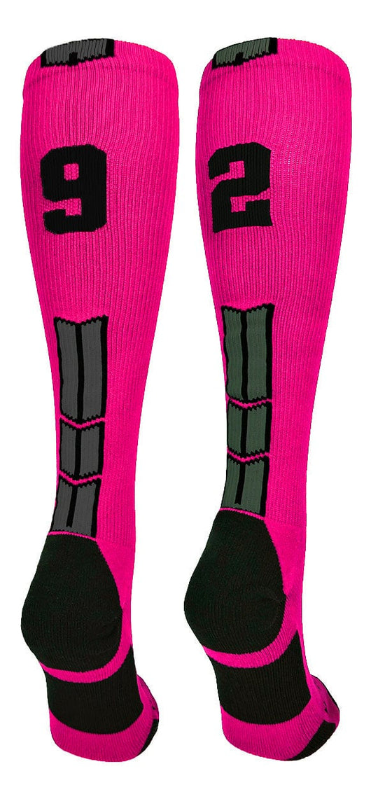 MadSportsStuff socks #92 / Large Player Id Jersey Number Socks Over the Calf Length Neon Pink Black