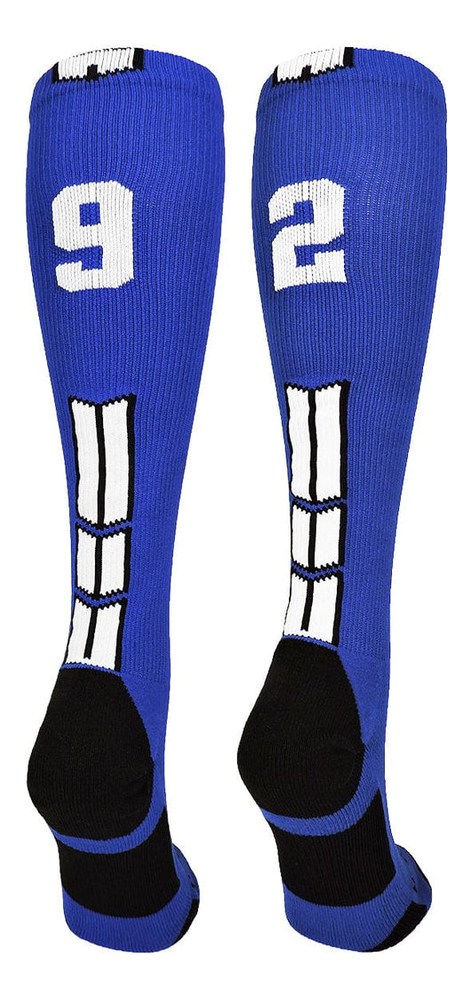 MadSportsStuff socks #92 / Small Player Id Jersey Number Socks Over the Calf Length Royal White