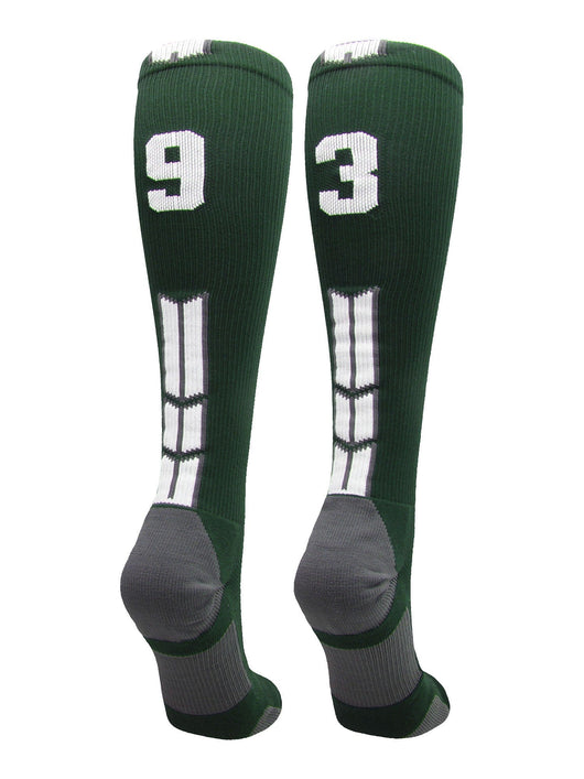 MadSportsStuff socks #93 / Large Player Id Jersey Number Socks Over the Calf Length Dark Green White