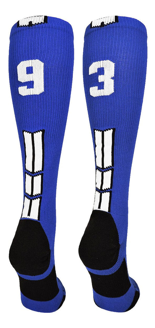 MadSportsStuff socks #93 / Small Player Id Jersey Number Socks Over the Calf Length Royal White