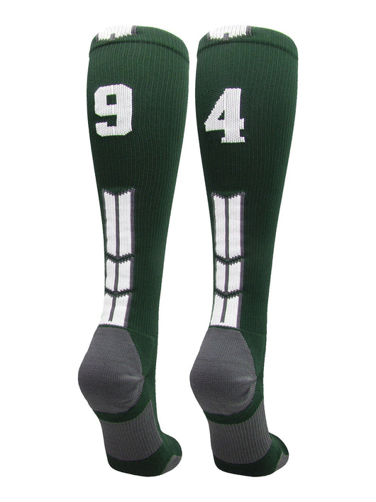 MadSportsStuff socks #94 / Large Player Id Jersey Number Socks Over the Calf Length Dark Green White