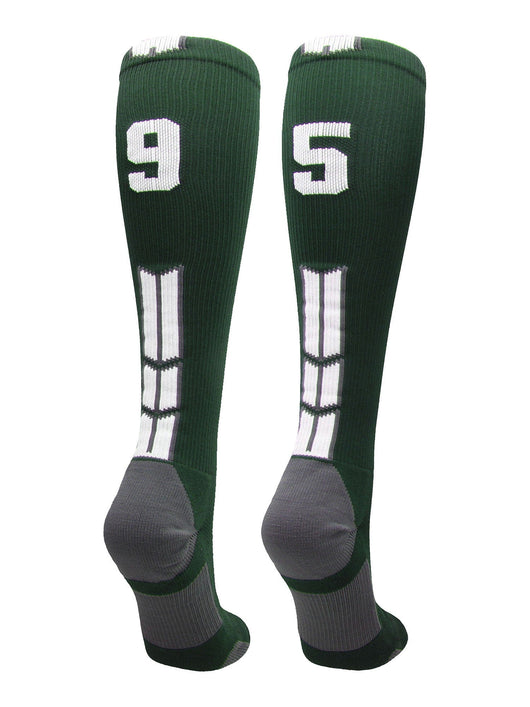 MadSportsStuff socks #95 / Large Player Id Jersey Number Socks Over the Calf Length Dark Green White