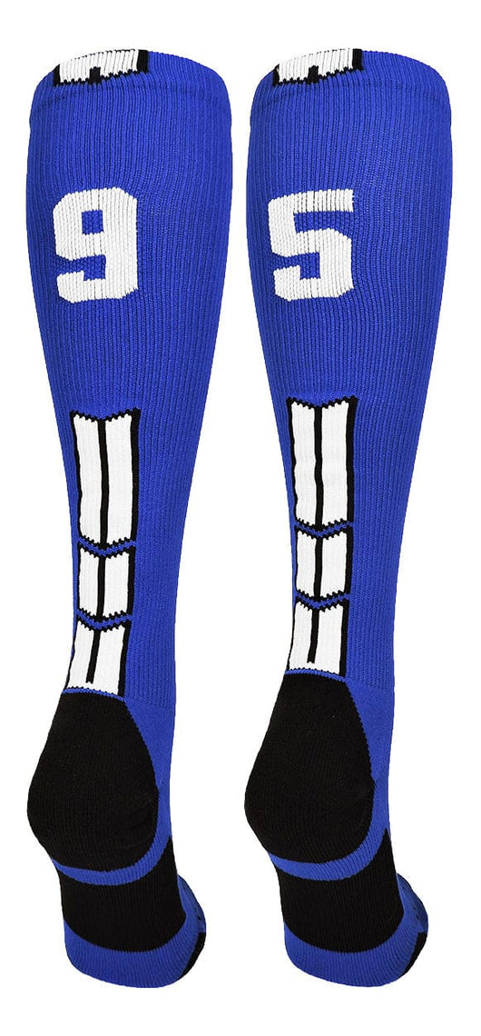 MadSportsStuff socks #95 / Small Player Id Jersey Number Socks Over the Calf Length Royal White
