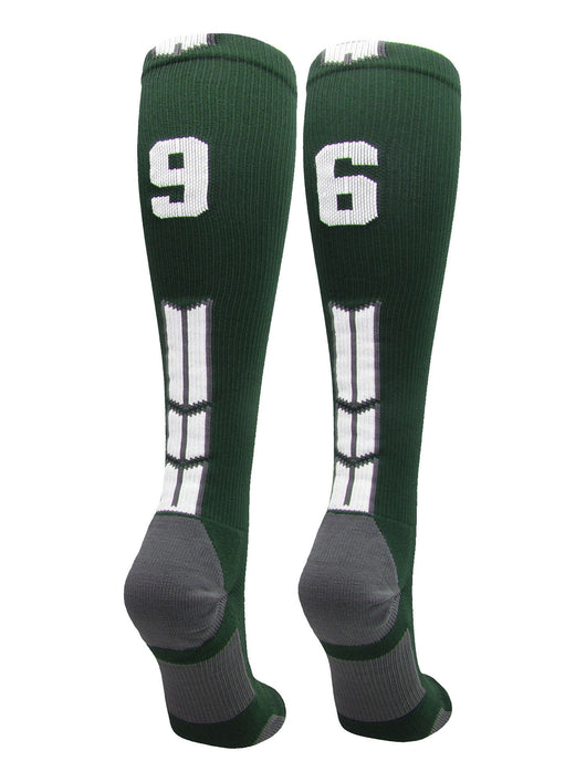 MadSportsStuff socks #96 / Large Player Id Jersey Number Socks Over the Calf Length Dark Green White
