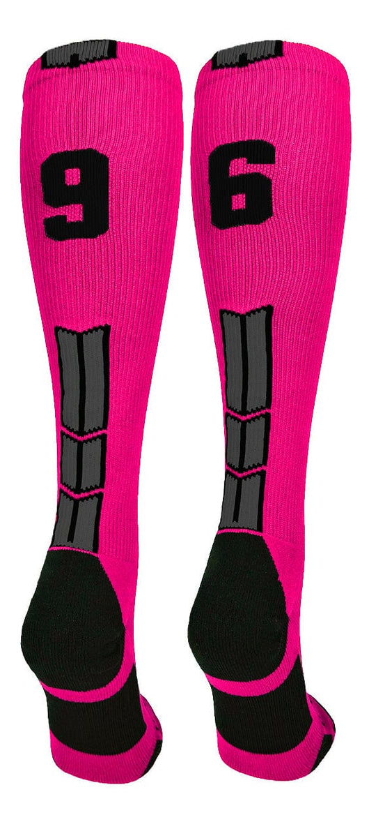 MadSportsStuff socks #96 / Large Player Id Jersey Number Socks Over the Calf Length Neon Pink Black