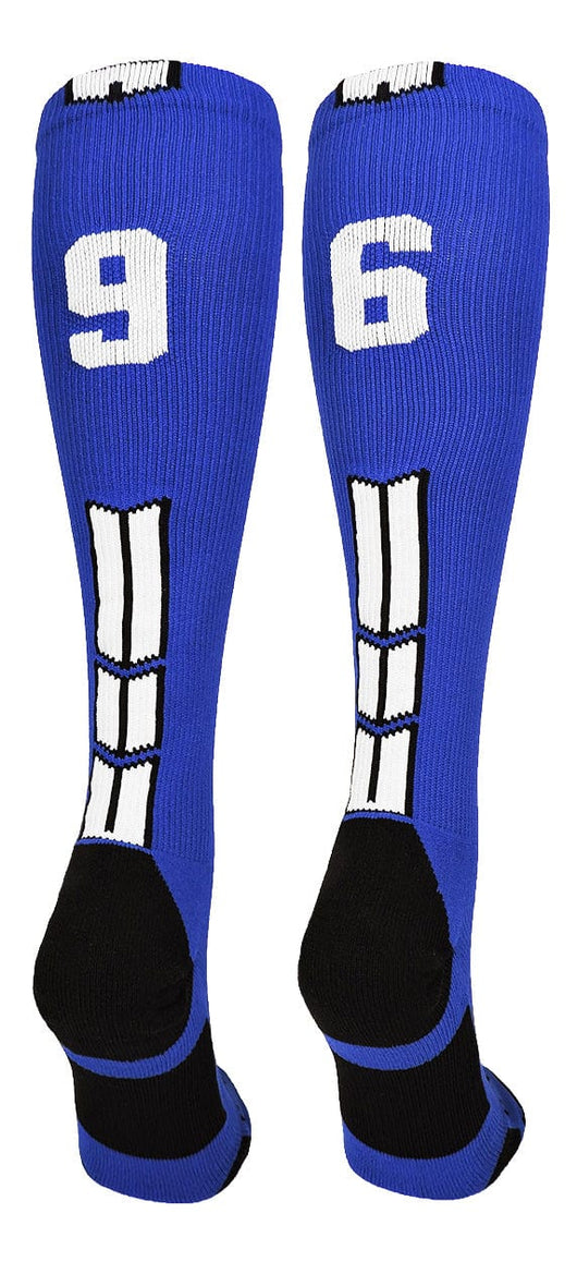 MadSportsStuff socks #96 / Small Player Id Jersey Number Socks Over the Calf Length Royal White