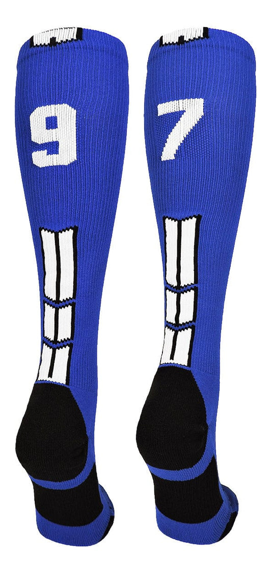 MadSportsStuff socks #97 / Large Player Id Jersey Number Socks Over the Calf Length Royal White