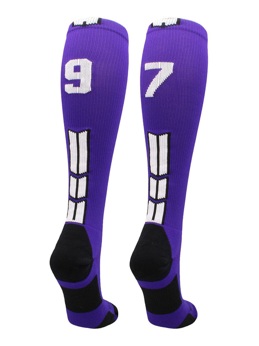 MadSportsStuff socks #97 / Medium Player Id Jersey Number Socks Over the Calf Length Purple White