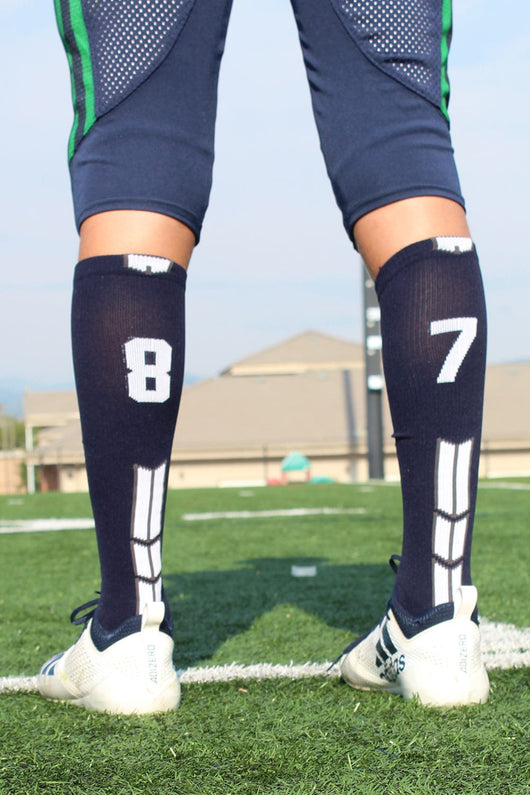 MadSportsStuff socks Player Id Jersey Number Socks Over the Calf Length Navy White